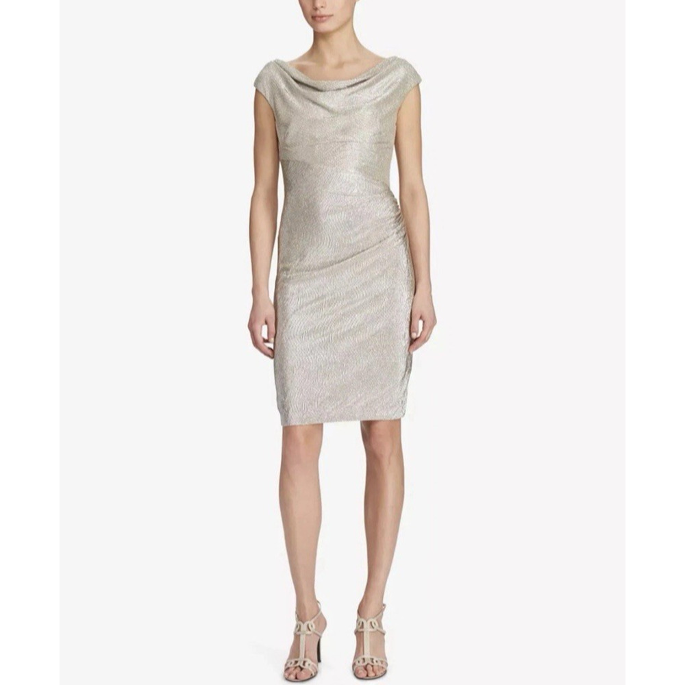 LAUREN RALPH LAUREN Plus Metallic Champagne Faux Wrap Cowl Neck Sheath Dress 16